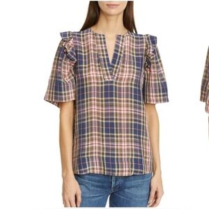 Sea New York Rooney Multicolor Plaid Ruffle Shoulder V-Neck Top Women’s Size 6